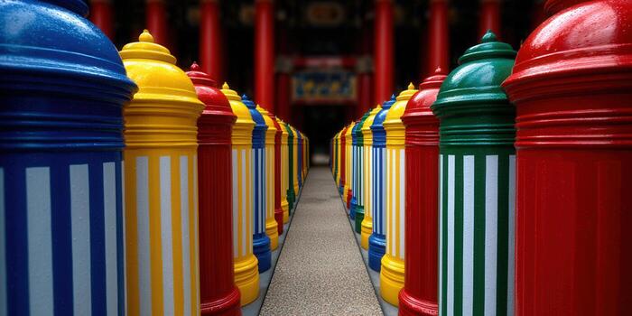 Colorful pillars create a symmetrical pathway leading to an architectural structure photo