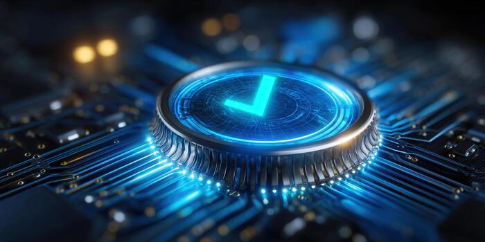 Close-up view of a digital checkmark lit up on a circuit board photo