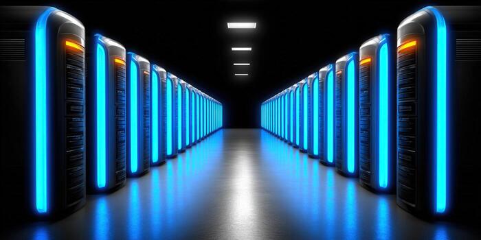 filas de servidor bastidores con vibrante neón luces iluminar un datos centrar pasillo. foto