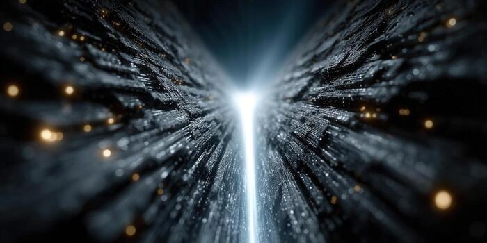 A stunning, abstract depiction of a digital path leading towards a bright, glowing light. photo