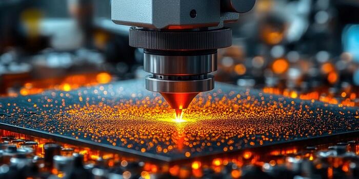 Laser cutter in action, precisely cutting metal with intense sparks and light. photo