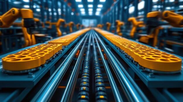 Robotic arms work on a production line in a modern automated factory setting. photo