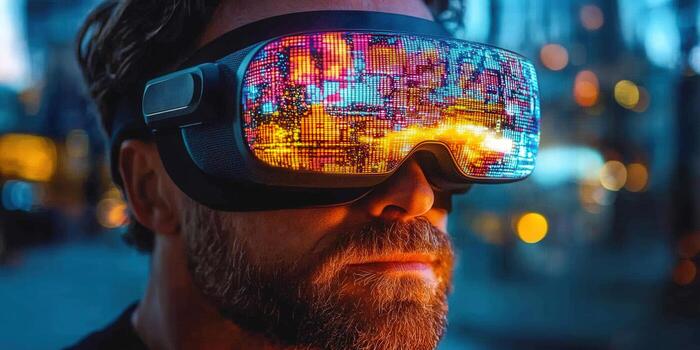A man explores the digital world through a virtual reality headset, full of bright colors and immersion. photo