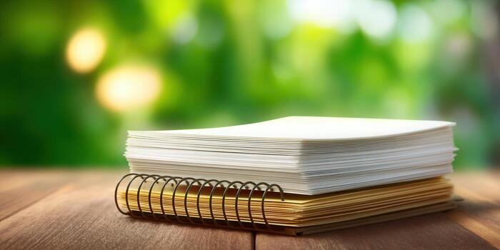 Close-up of notebooks on a wooden table with a blurred green backdrop. photo