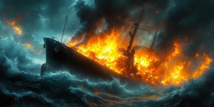 A ship burns fiercely at sea, amidst a raging storm, creating a scene of destruction. photo