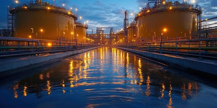 Illuminated industrial complex reflecting in the water during the evening hours. photo