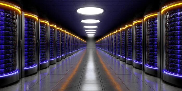 Inside a modern data center with rows of servers and a brightly lit corridor photo
