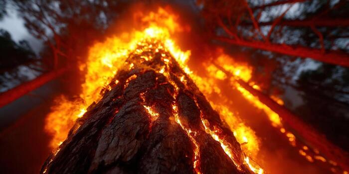 Dramatic view of a tree ablaze, captured in a forest fire's intense heat. photo
