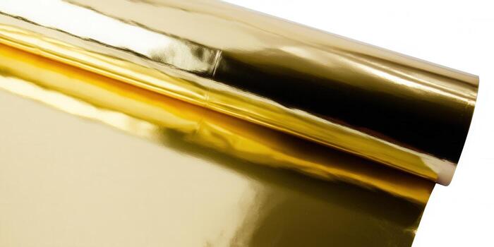 A close-up shows a roll of gold foil with a reflective and shiny surface. photo