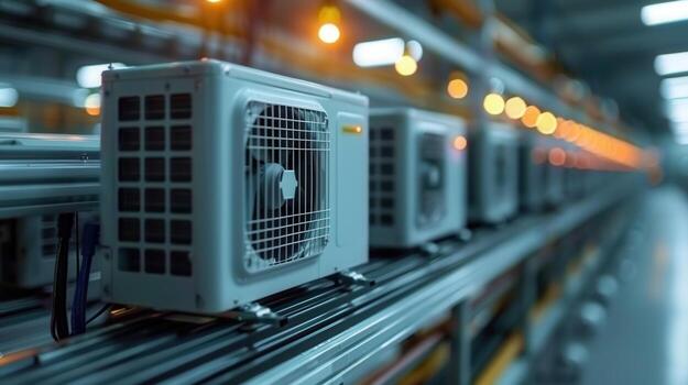 Air conditioning units move down an assembly line in a modern factory setting, showcasing technology. photo