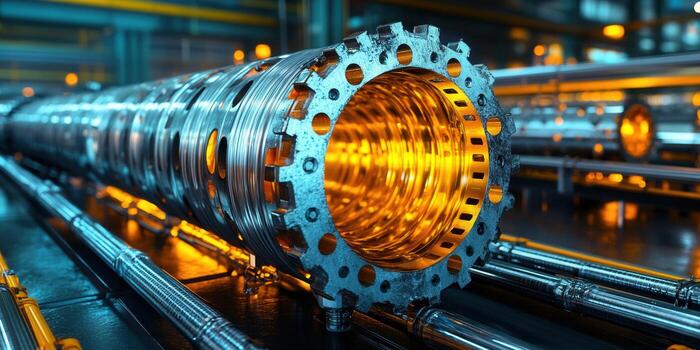 Close-up view of a complex metal component, highlighting industrial design and a warm, inner glow. photo