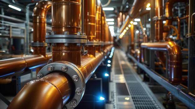 Intricate network of copper pipes running through an industrial facility, creating a captivating visual of industry. photo