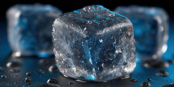 Ice cubes with water drops on a blue and dark background. photo