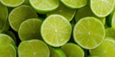 recién rebanado limas crear un refrescante y vibrante fondo, Perfecto para verano bebidas foto