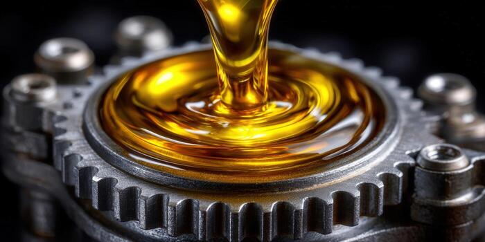 Golden oil pouring into a gear mechanism, highlighting mechanical and fluid dynamics. photo