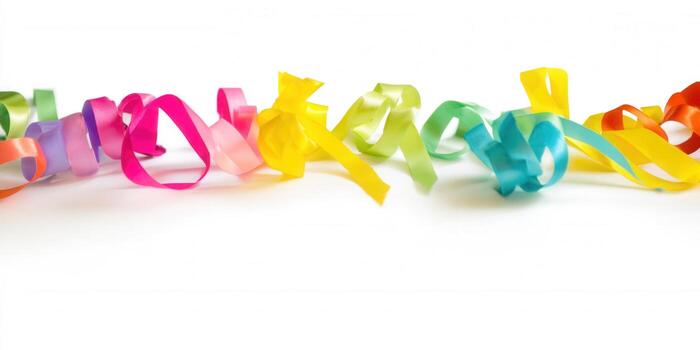 A vibrant array of colorful ribbons elegantly adorns a bright, clean white backdrop. photo