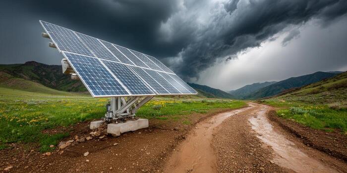 Solar panels in a field with a dramatic storm approaching, a symbol of clean energy. photo