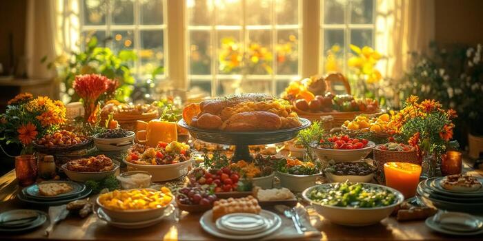 A beautiful table is filled with a Thanksgiving feast, bathed in warm sunlight. photo