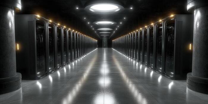 A sleek and modern data center hallway with rows of powerful servers. photo