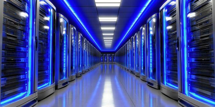 Inside a modern data center with rows of servers, bathed in cool blue light. photo