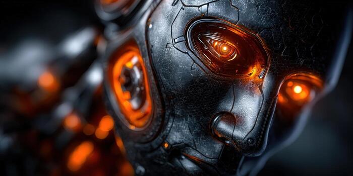 A futuristic robot with glowing eyes and a metallic design, perfect for ai or tech concepts. photo