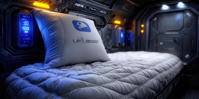 Inside a futuristic spaceship bedroom, with a comfortable bed and technological elements. photo
