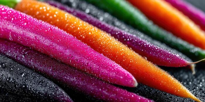 A vibrant display of fresh, colorful carrots with water droplets, perfect for culinary visuals. photo