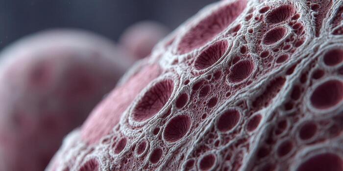 Detailed macro image of a complex biological structure with red and white textures. photo