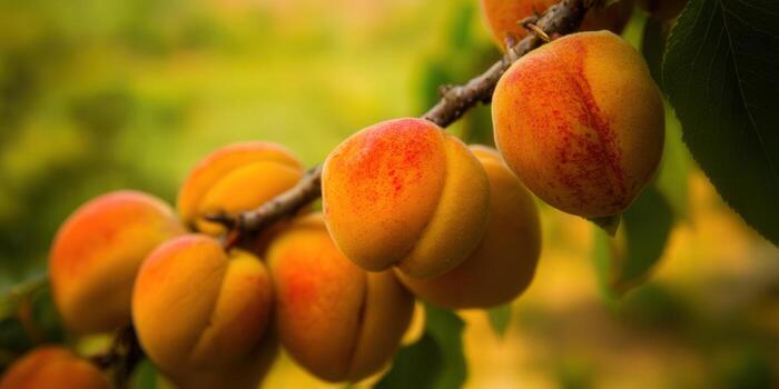 A branch laden with ripe apricots, showcasing summer's bounty in an orchard setting. photo