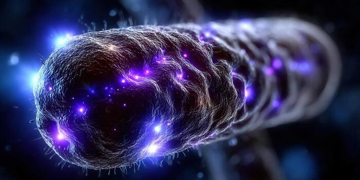 Intricate close-up view of a glowing bacteria cell, highlighting scientific and artistic details. photo