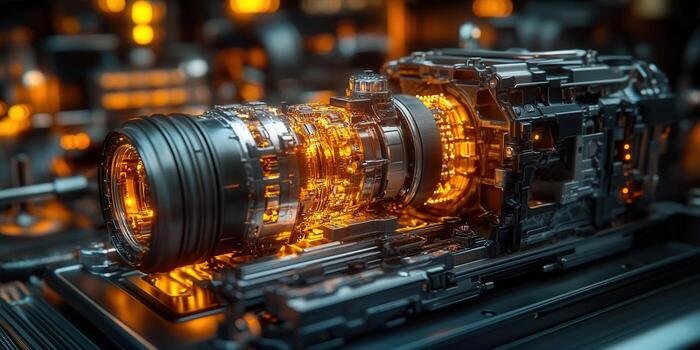 Intricate metallic device with glowing internal components and advanced technological design photo