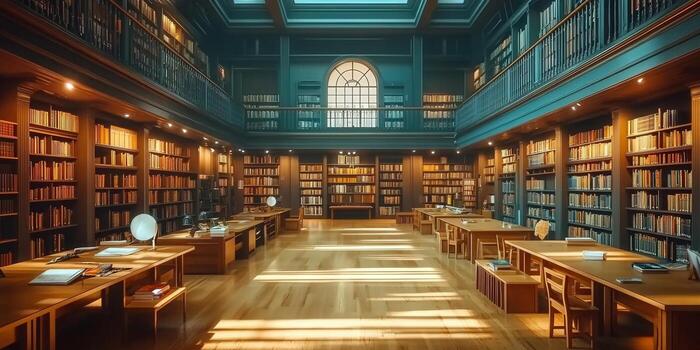 Inside a classic library with books, sunlight, and study tables. photo