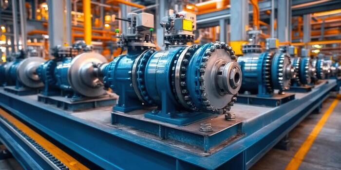 Industrial pumps in a factory setting, showcasing technological advancements and manufacturing photo