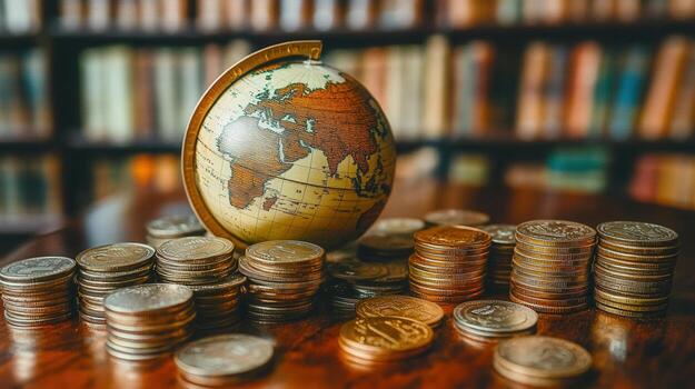 un globo rodeado por pila de algo de monedas, simbolizando global Finanzas y inversión. foto
