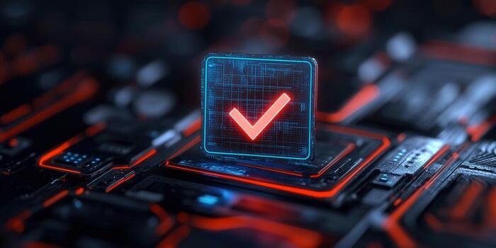A futuristic circuit board with a glowing checkmark, indicating verification and validation. photo
