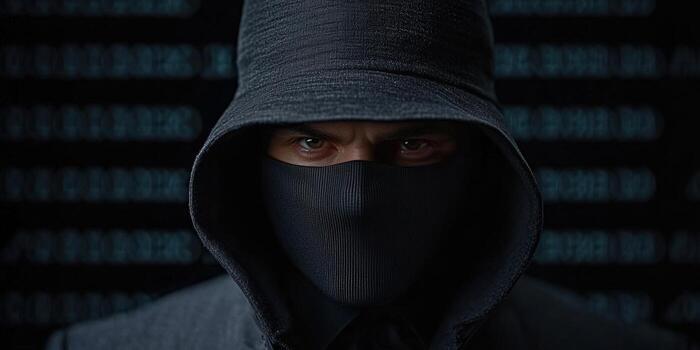 un misterioso figura en un capucha y máscara miradas intensamente, reticente a ciber amenazas y digital peligro. foto