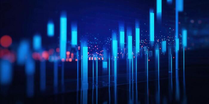 Modern data visualization with glowing blue bar charts, representing financial and business growth. photo