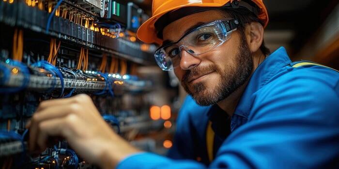 An electrician is smiling while working on electrical panel in an industrial setting. photo