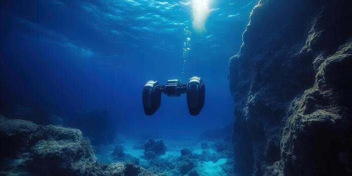 Underwater drone exploring the depths of the ocean, near a rocky cliff. photo