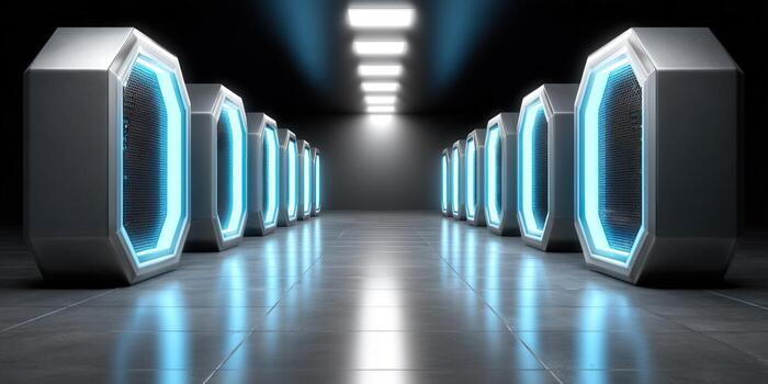 un moderno datos centrar con brillante azul servidor bastidores en un futurista ajuste. foto