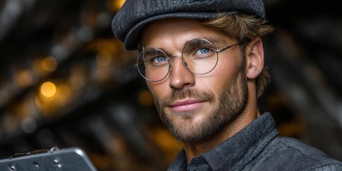 Portrait of a handsome man wearing glasses and a cap, looking at the camera with a confident expression. photo