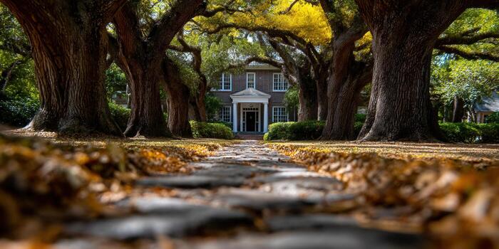 A charming house framed by large, ancient trees in an inviting fall scene. photo