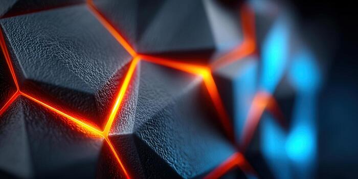 A geometric abstract design with glowing red and orange illuminated lines and shapes. photo