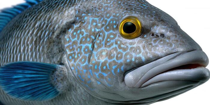 A detailed close-up of a fish showcasing its intricate blue patterns and vivid yellow eye. photo