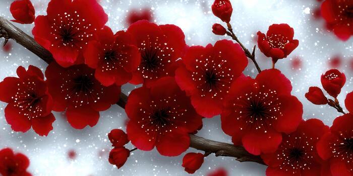 Stunning red cherry blossoms in full bloom against a soft, snowy backdrop, creating a perfect spring scene. photo