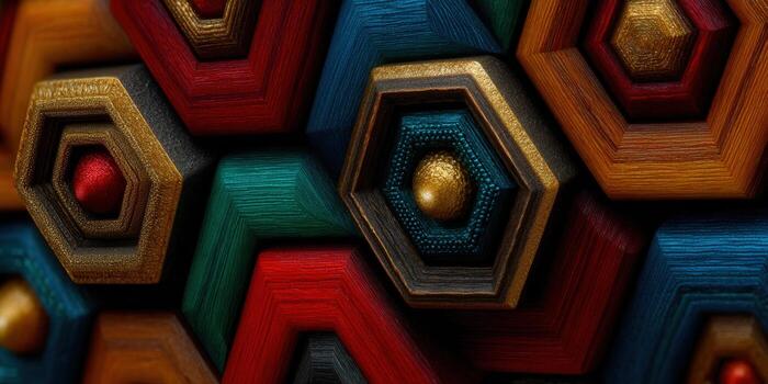 A close-up of a vibrant, geometric abstract design with beautiful textures and details. photo