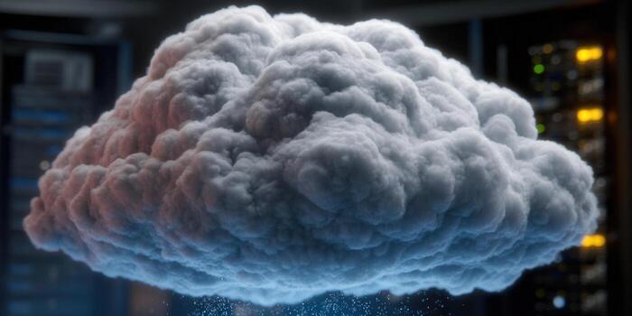 A fluffy cloud representing cloud computing hovers over a server room. photo