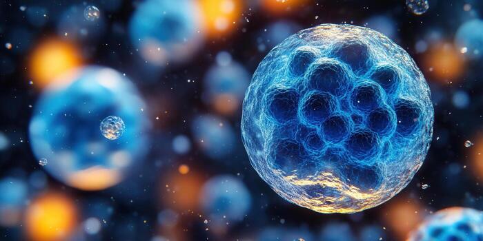 An abstract rendering of cells with a glowing, ethereal appearance against a dark backdrop. photo