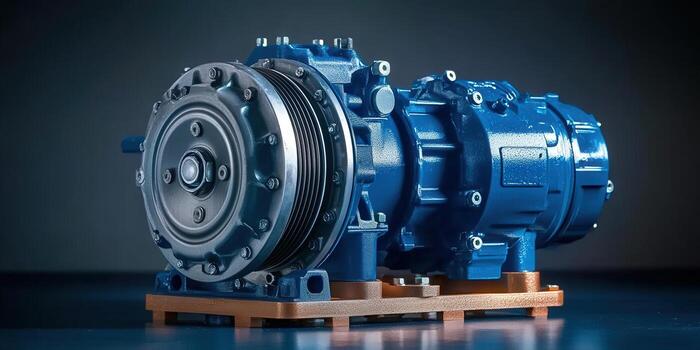 Intricate blue industrial machinery, showcasing complex mechanical components and engineering design. photo