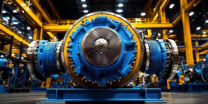 Large industrial machine with intricate details inside a modern factory. photo